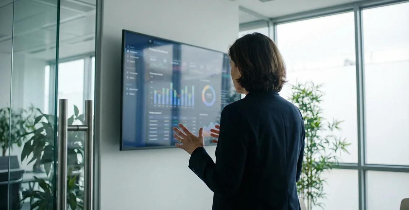 Professionnelle finance analysant tableau de bord créances sur écran mural