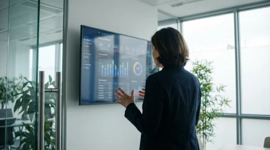 Professionnelle finance analysant tableau de bord créances sur écran mural