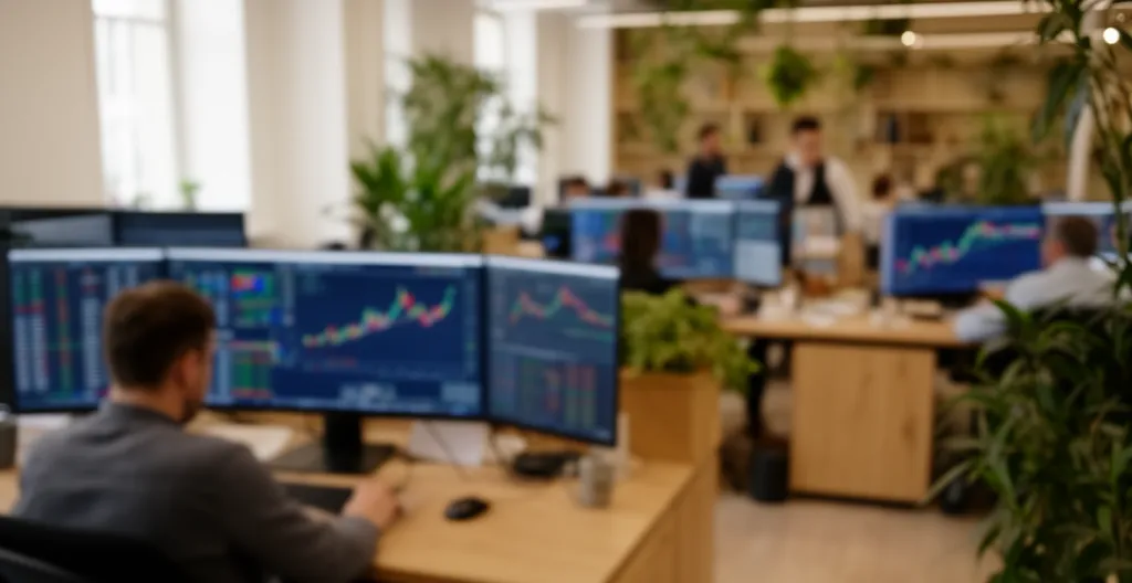 Espace de travail moderne équipe finance avec multiples postes et écrans