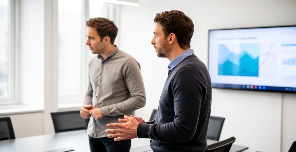 Deux professionnels finance discutant devant écran de données partagé