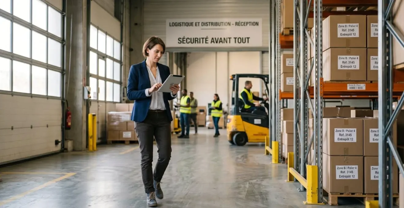 Professionnel consultant une tablette dans un entrepôt logistique moderne avec racks de produits étiquetés et éclairage naturel