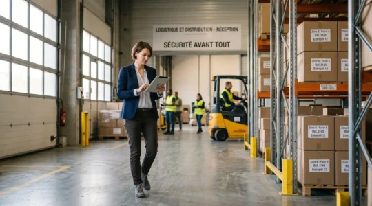 Professionnel consultant une tablette dans un entrepôt logistique moderne avec racks de produits étiquetés et éclairage naturel