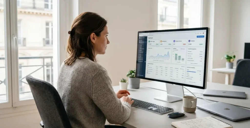 Professionnel consultant un tableau de bord e-commerce multicanal sur ordinateur dans un bureau contemporain éclairé naturellement