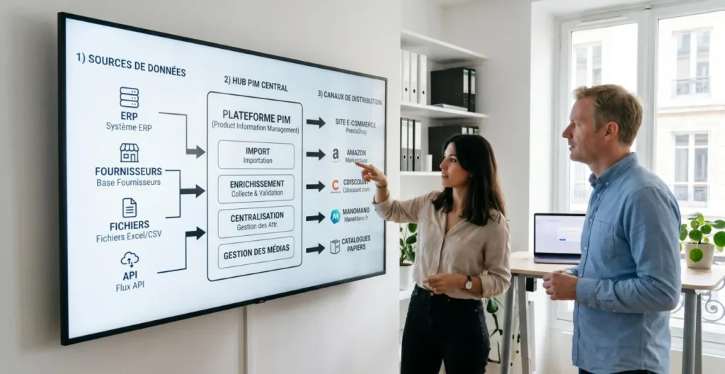 Schéma workflow PIM affiché sur tableau blanc montrant flux de données depuis sources multiples vers hub central puis diffusion vers marketplaces, tous textes en français