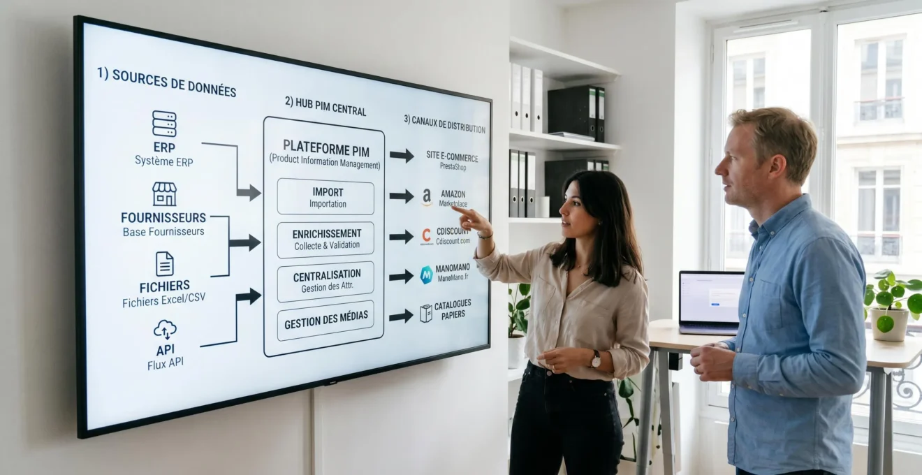 Schéma workflow PIM affiché sur tableau blanc montrant flux de données depuis sources multiples vers hub central puis diffusion vers marketplaces, tous textes en français