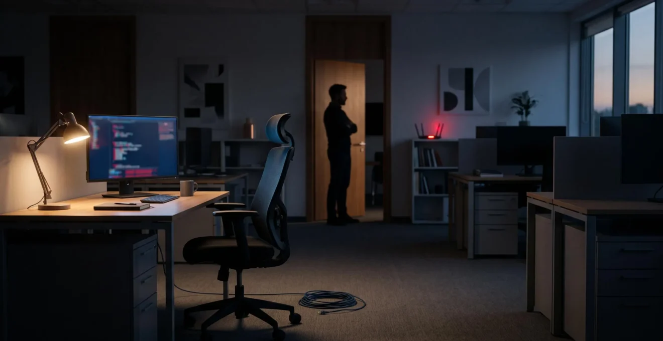 Bureau d'entreprise plongé dans la pénombre après une cyberattaque, symbolisant l'arrêt brutal de l'activité d'une PME