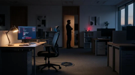 Bureau d'entreprise plongé dans la pénombre après une cyberattaque, symbolisant l'arrêt brutal de l'activité d'une PME