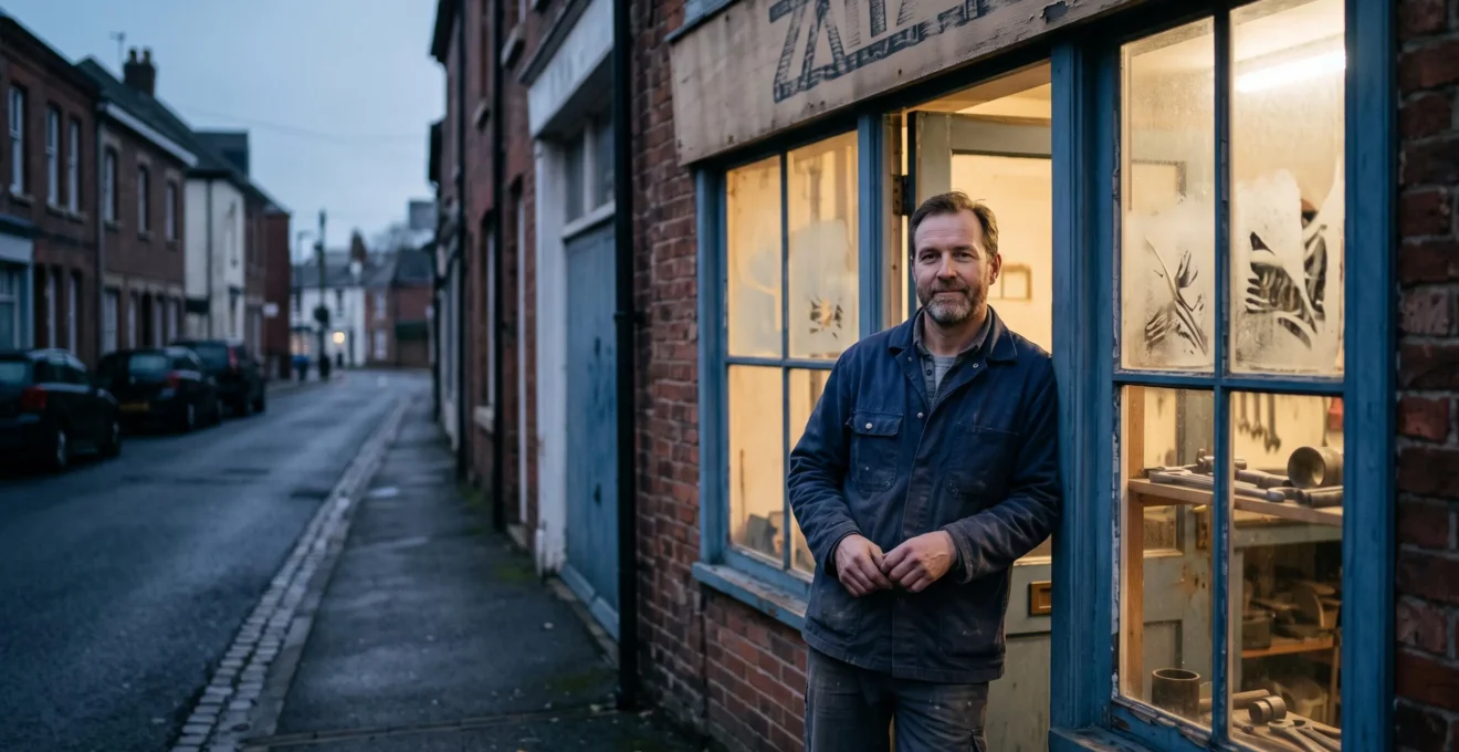 Artisan souriant devant sa boutique éclairée le matin, symbolisant la visibilité locale gratuite grâce au référencement