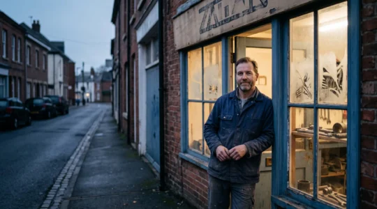 Artisan souriant devant sa boutique éclairée le matin, symbolisant la visibilité locale gratuite grâce au référencement