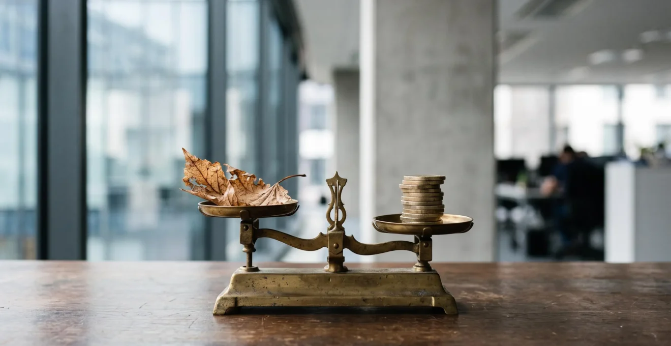Balance en cuivre suggérant l'équilibre financier d'une entreprise entre solidité et fragilité