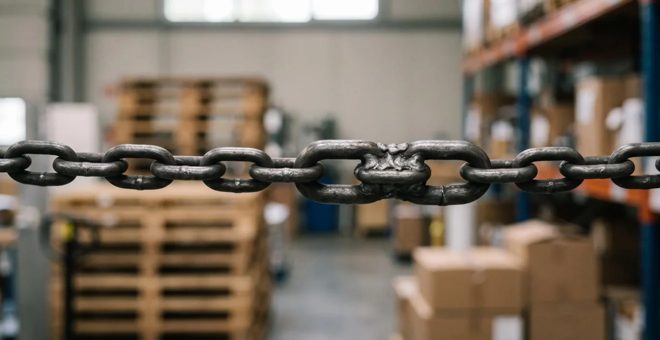 Chaîne industrielle métallique dont un maillon central est renforcé par un second maillon de sécurité, symbolisant la résilience face à la défaillance d'un fournisseur clé