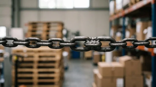 Chaîne industrielle métallique dont un maillon central est renforcé par un second maillon de sécurité, symbolisant la résilience face à la défaillance d'un fournisseur clé