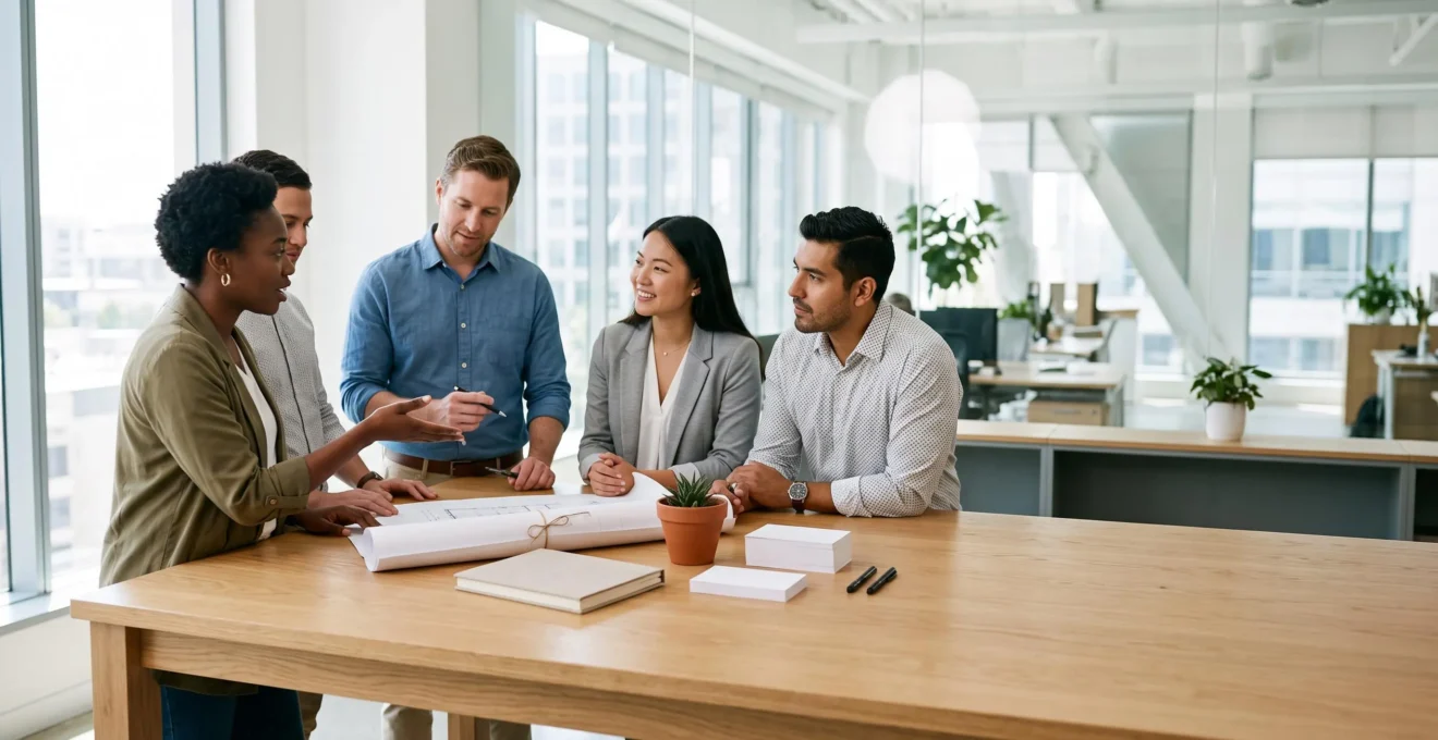 Equipe d'une PME reunie autour d'une table de travail moderne, symbolisant le choix strategique des outils numeriques essentiels