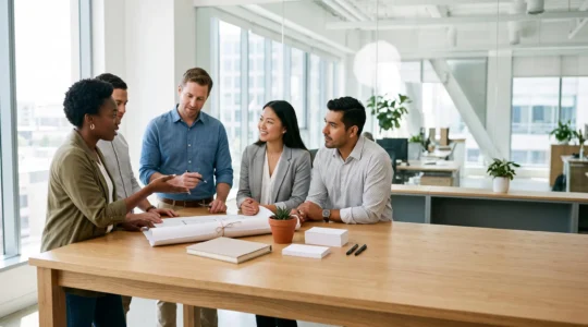 Equipe d'une PME reunie autour d'une table de travail moderne, symbolisant le choix strategique des outils numeriques essentiels