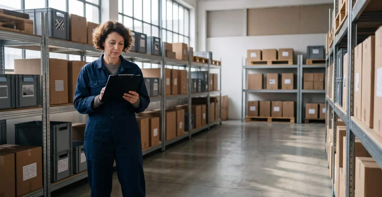 Entrepreneur français vérifiant méticuleusement un registre d'inventaire dans un entrepôt lumineux, symbole de conformité fiscale