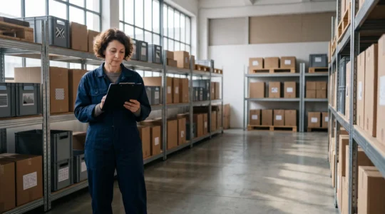 Entrepreneur français vérifiant méticuleusement un registre d'inventaire dans un entrepôt lumineux, symbole de conformité fiscale