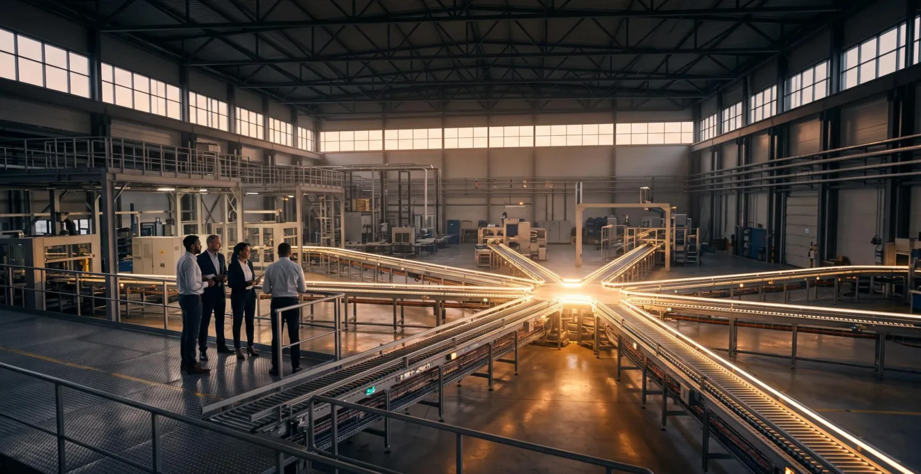 Vue symbolique d'une usine moderne où des lignes lumineuses convergent vers un point central, illustrant l'unification des services grâce à un ERP