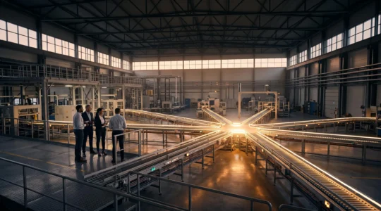 Vue symbolique d'une usine moderne où des lignes lumineuses convergent vers un point central, illustrant l'unification des services grâce à un ERP