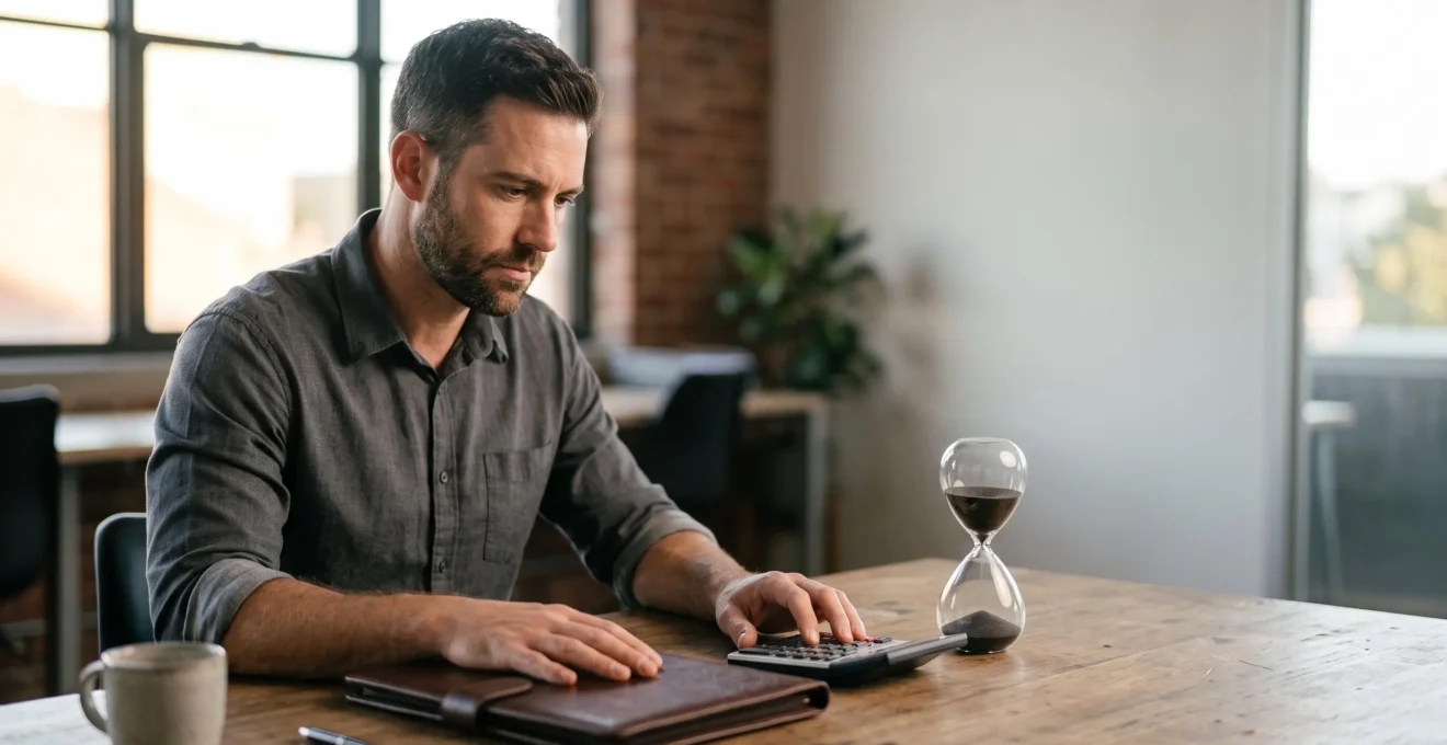 Dirigeant d'entreprise concentre preparant ses comptes annuels juste avant la date limite de depot au greffe