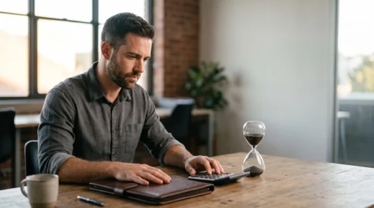 Dirigeant d'entreprise concentre preparant ses comptes annuels juste avant la date limite de depot au greffe