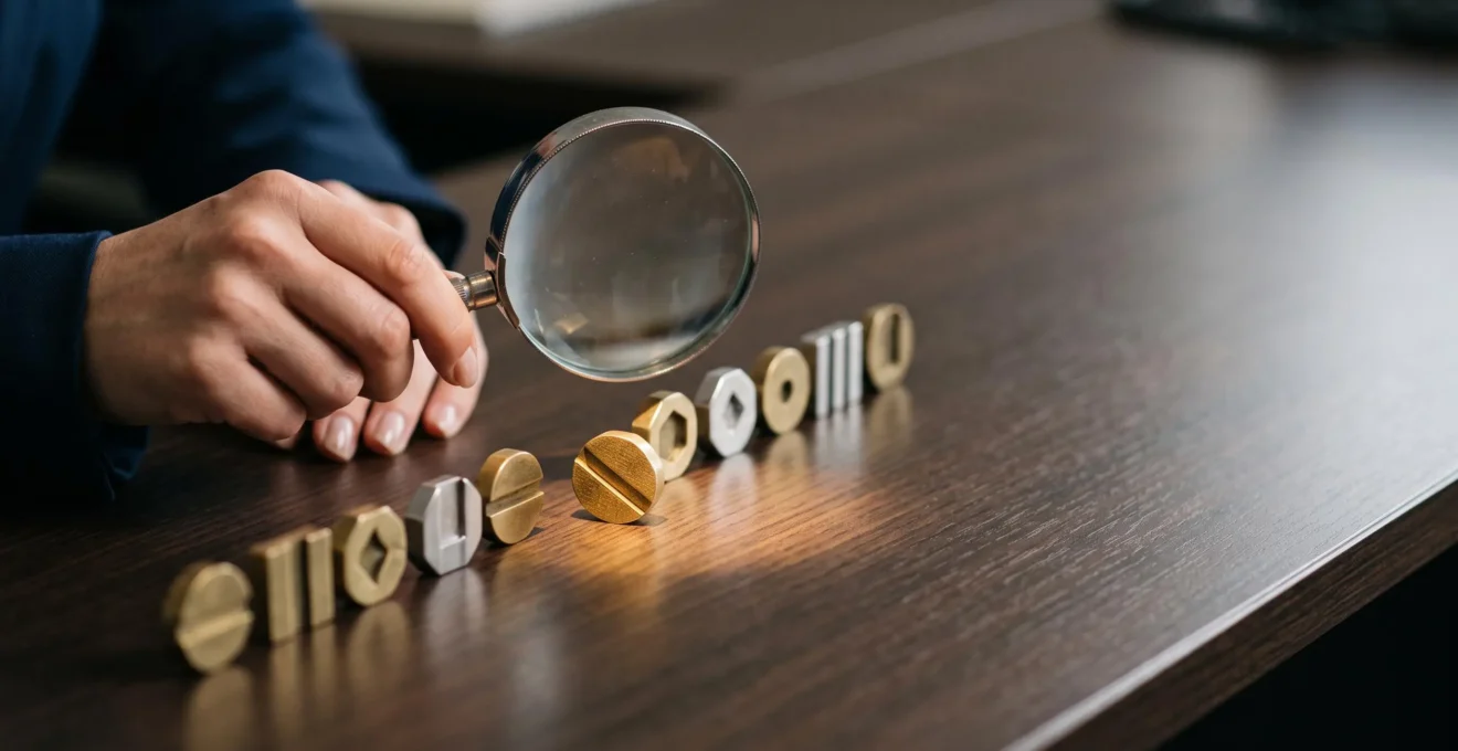 Loupe illuminant une rangée de jetons financiers abstraits, symbolisant la détection d'une anomalie comptable dans un grand livre