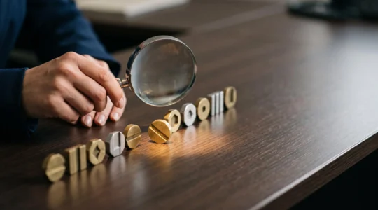 Loupe illuminant une rangée de jetons financiers abstraits, symbolisant la détection d'une anomalie comptable dans un grand livre