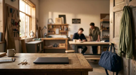 Dirigeant de TPE quittant son bureau structuré et autonome pour trois semaines de vacances