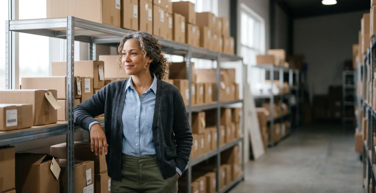Gestionnaire observant avec confiance un entrepôt de stock organisé, symbolisant l'équilibre entre réduction des coûts et fiabilité du service