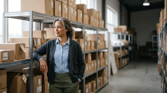 Gestionnaire observant avec confiance un entrepôt de stock organisé, symbolisant l'équilibre entre réduction des coûts et fiabilité du service
