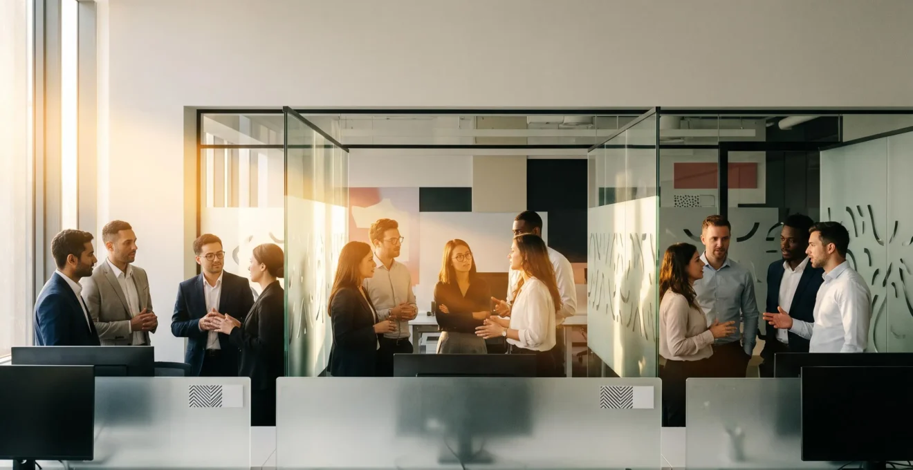 Equipes professionnelles connectees symboliquement autour d'un flux de donnees partage, illustrant la fin des silos internes