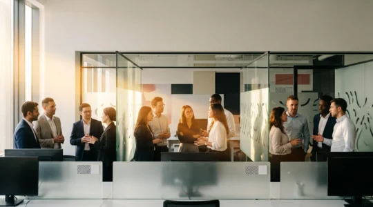 Equipes professionnelles connectees symboliquement autour d'un flux de donnees partage, illustrant la fin des silos internes