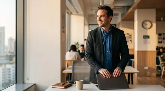 Collaborateur serein quittant son bureau plus tot grace a une organisation numerique optimisee