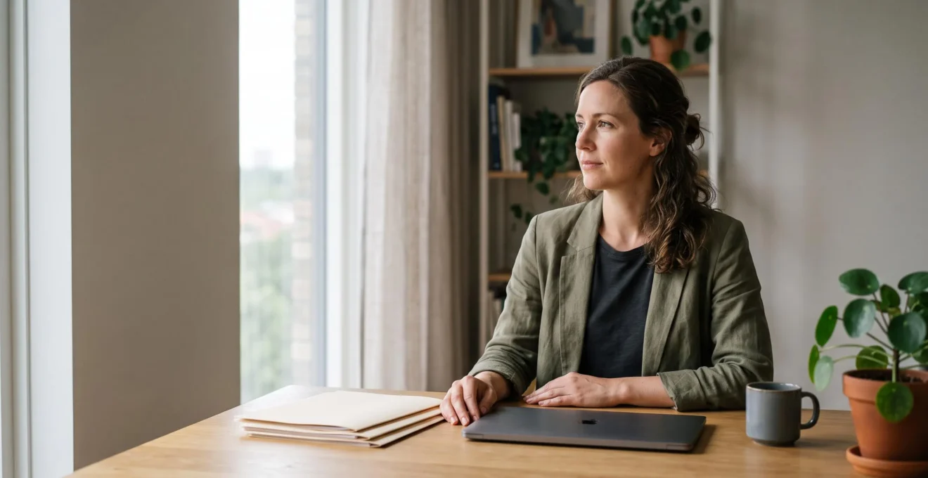 Entrepreneur independant organisant sereinement sa micro-entreprise depuis un bureau lumineux et epure
