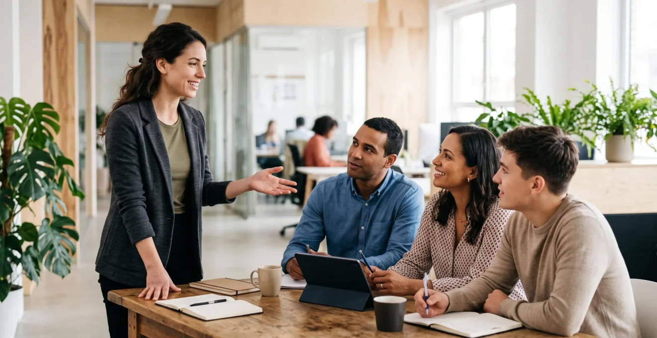 Un nouveau manager échangeant avec ses trois premiers collaborateurs autour d'une table de travail, dans une ambiance de confiance naissante.