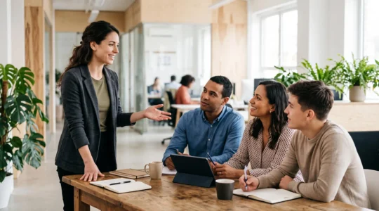 Un nouveau manager échangeant avec ses trois premiers collaborateurs autour d'une table de travail, dans une ambiance de confiance naissante.