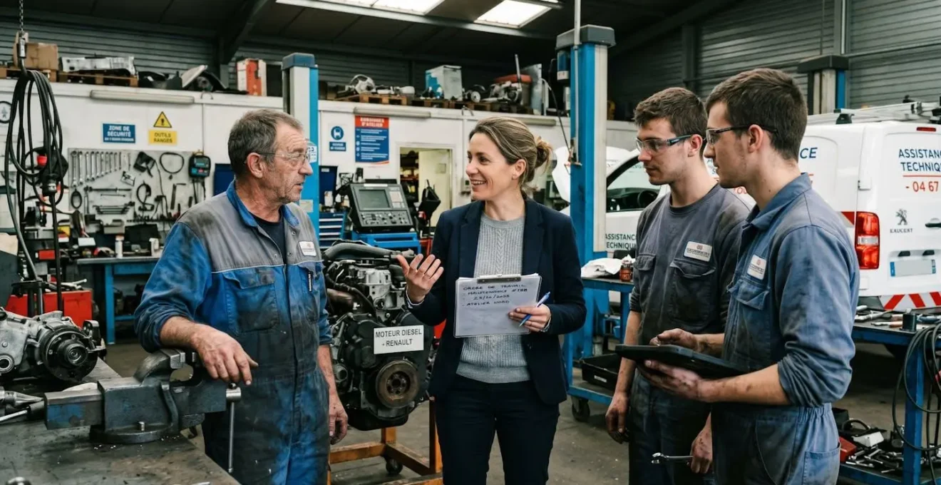 Manager échangeant avec des techniciens lors d'un briefing d'équipe