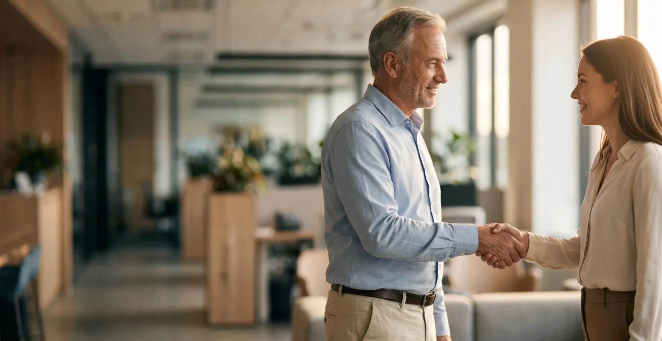 Poignee de main chaleureuse entre deux professionnels dans un bureau lumineux, symbolisant la confiance qui se transforme en recommandation active.
