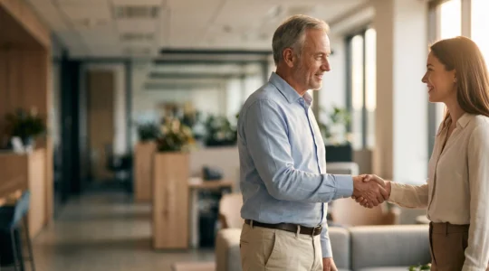 Poignee de main chaleureuse entre deux professionnels dans un bureau lumineux, symbolisant la confiance qui se transforme en recommandation active.