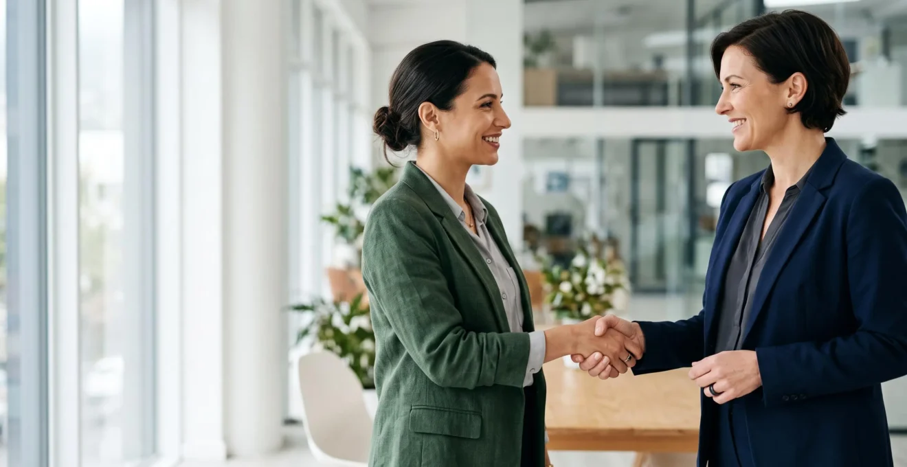 Deux professionnels se serrant la main dans un bureau lumineux, symbolisant la signature réussie d'un devis convertissant un prospect en client