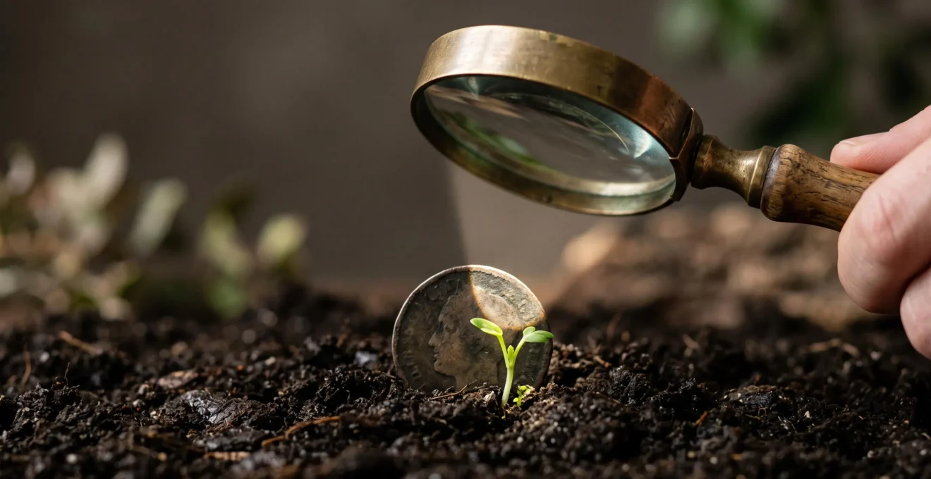 Une loupe concentre un rayon de lumiere sur une petite graine germant a partir d'une piece de monnaie, symbolisant un budget marketing limite transforme en croissance precise