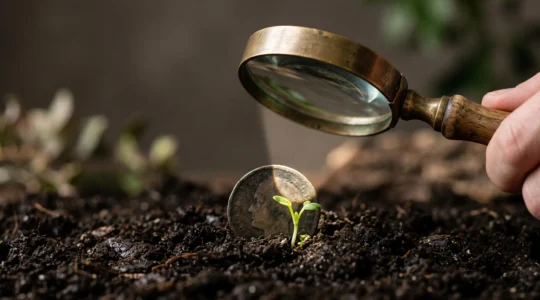 Une loupe concentre un rayon de lumiere sur une petite graine germant a partir d'une piece de monnaie, symbolisant un budget marketing limite transforme en croissance precise