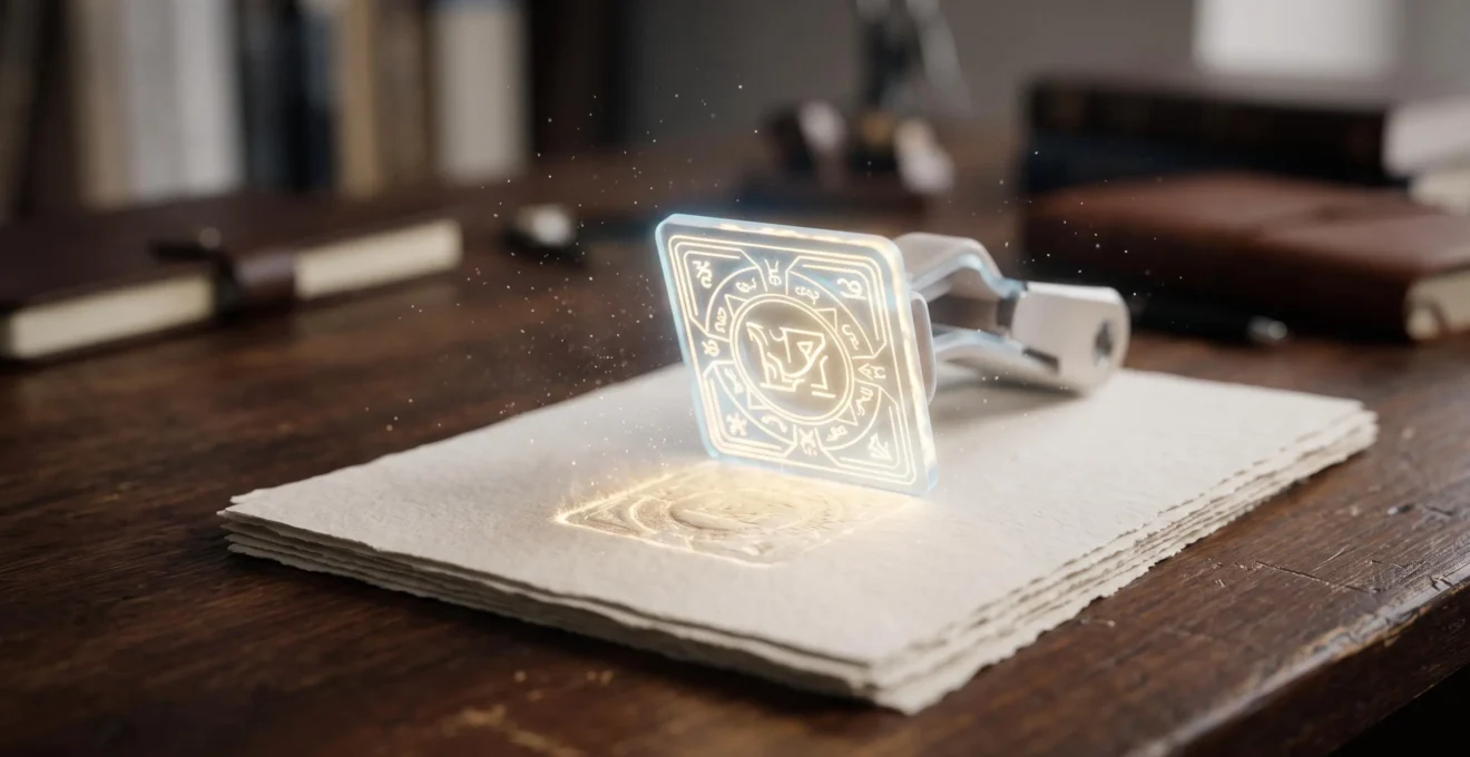 Illustration conceptuelle d'un sceau numérique lumineux figeant un instant précis sur une pile de documents, symbolisant la preuve d'antériorité