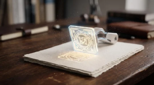 Illustration conceptuelle d'un sceau numérique lumineux figeant un instant précis sur une pile de documents, symbolisant la preuve d'antériorité
