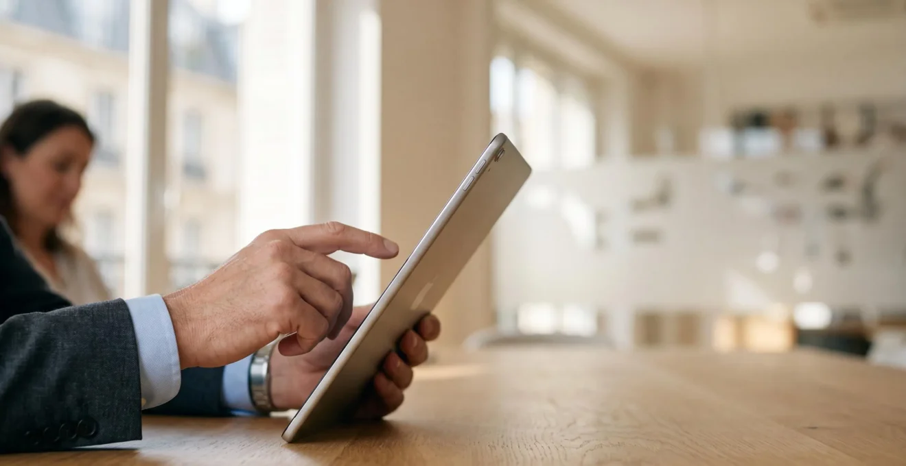 Main signant un contrat sur une tablette dans un bureau moderne, symbolisant la rapidité de la signature électronique
