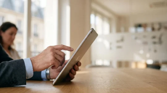 Main signant un contrat sur une tablette dans un bureau moderne, symbolisant la rapidité de la signature électronique
