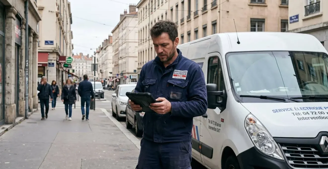 Technicien terrain consultant une tablette lors d'une intervention