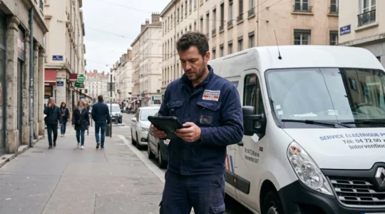 Technicien terrain consultant une tablette lors d'une intervention