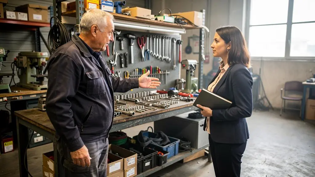 Un dirigeant fait visiter son atelier à une conseillère qui prend des notes près d'un établi rempli d'outils.