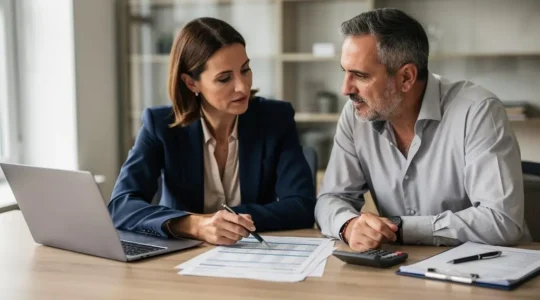 Une expert-comptable commente un bilan financier avec un dirigeant d'entreprise lors d'un rendez-vous dans son cabinet.