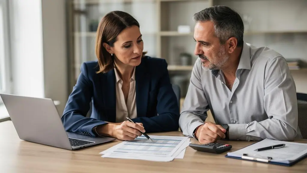 Une expert-comptable commente un bilan financier avec un dirigeant d'entreprise lors d'un rendez-vous dans son cabinet.